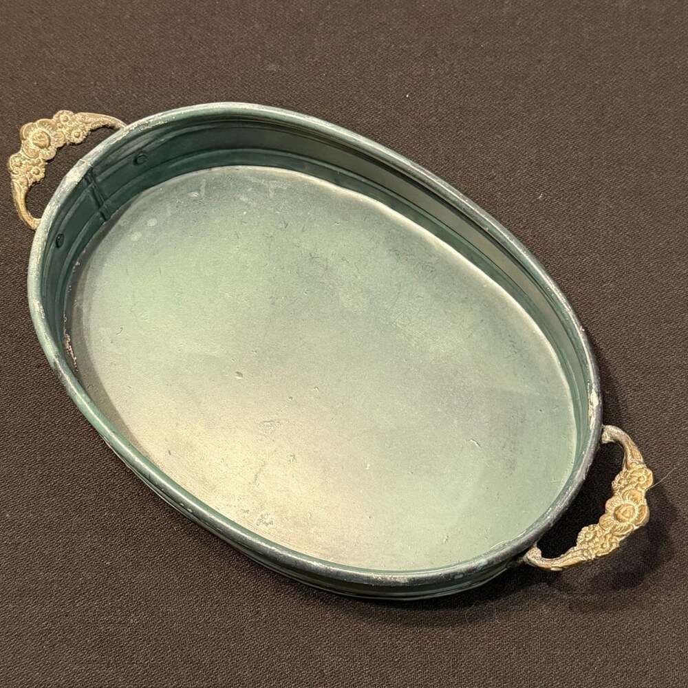Vintage Oval Metal Tray With Brass Handles Rustic Decor 7” x 11”